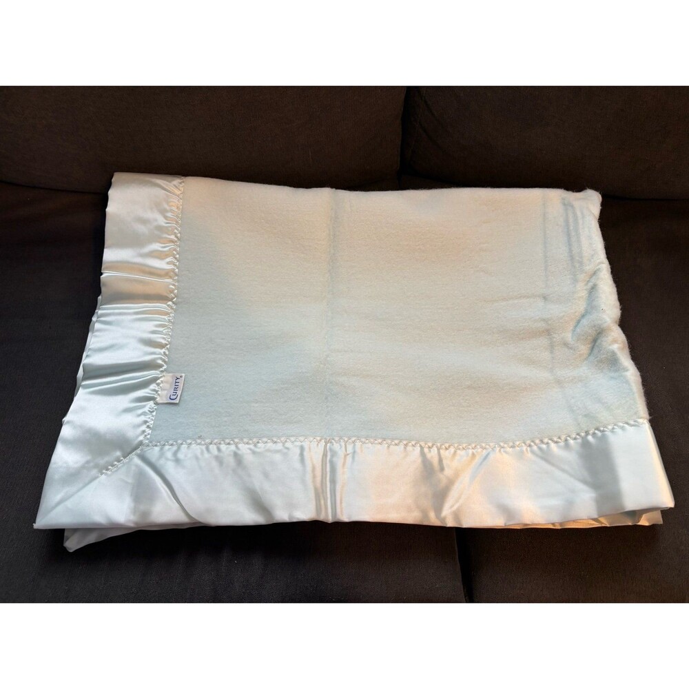 Curity Baby Blanket acrylic nylon Satin Trim vintage light blue